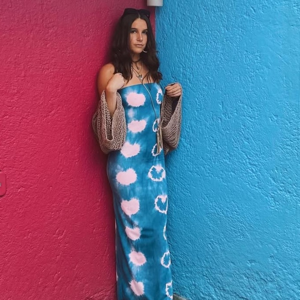 Blue and Pink Tie-Dye Strapless Dress